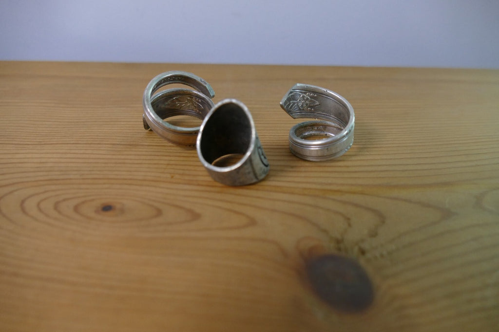 Vintage Set of Three Silver Spoon Rings with Engraved Designs