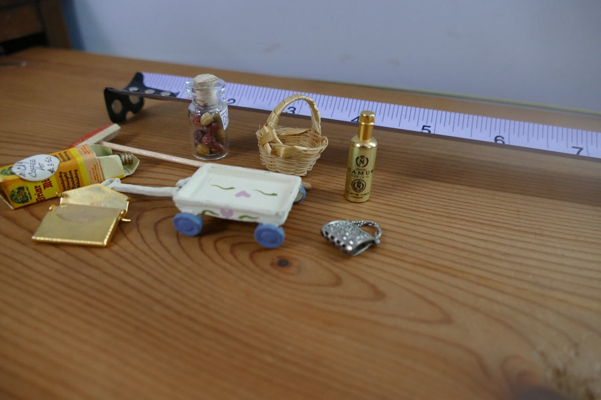 Miniature Dollhouse Accessories Set with Cart, Basket, and Bottles