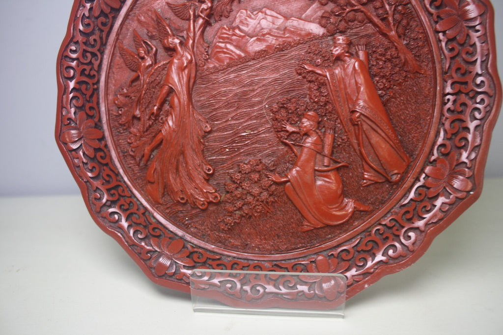 Dance of The Peacock Maiden Red Lacquerware Carved Cinnabar Plate Vintage
