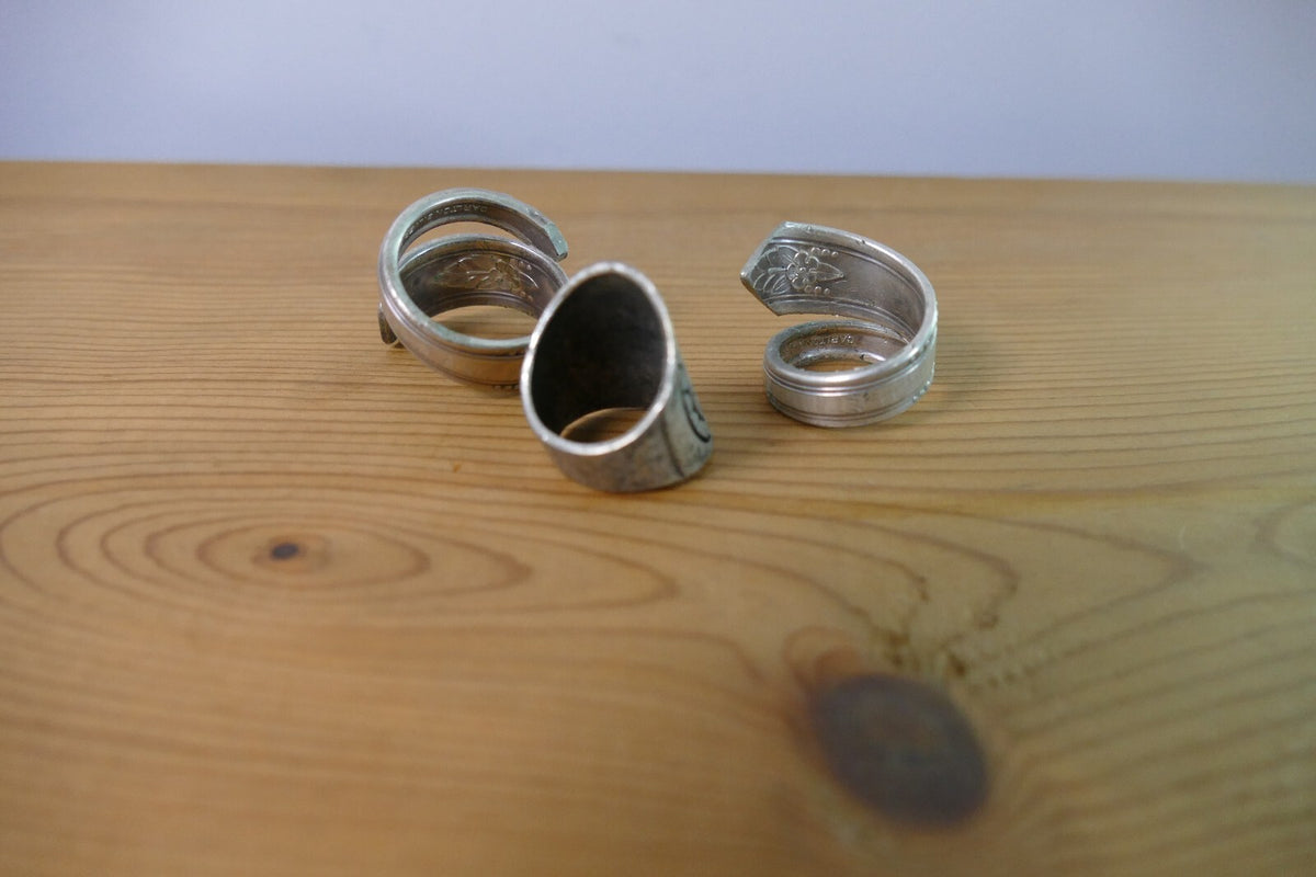 Vintage Set of Three Silver Spoon Rings with Engraved Designs