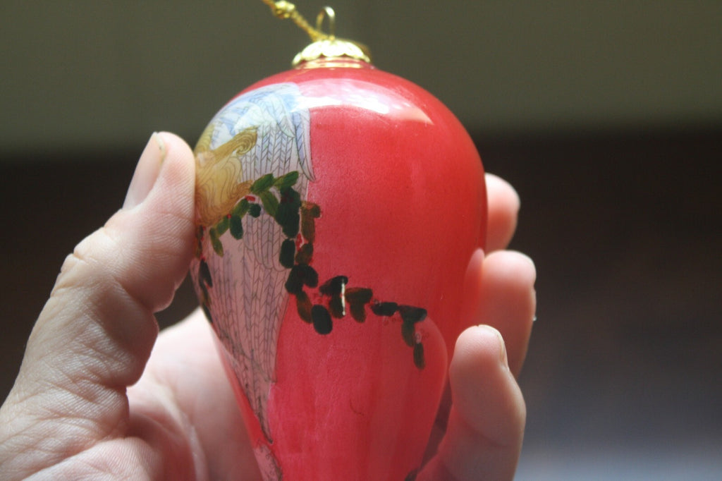 Hand-Painted Glass Christmas Ornament Angel with Velvet Box