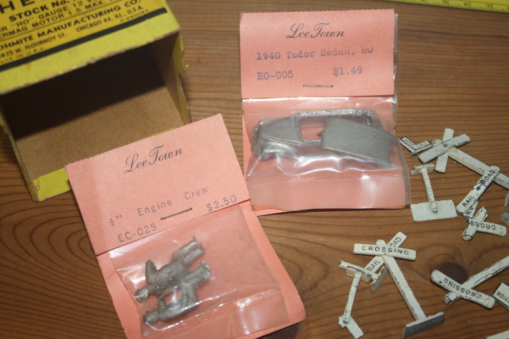Vintage Lee Town HO Scale Model Railroad Accessories and 1940 Tudor Sedan Kit