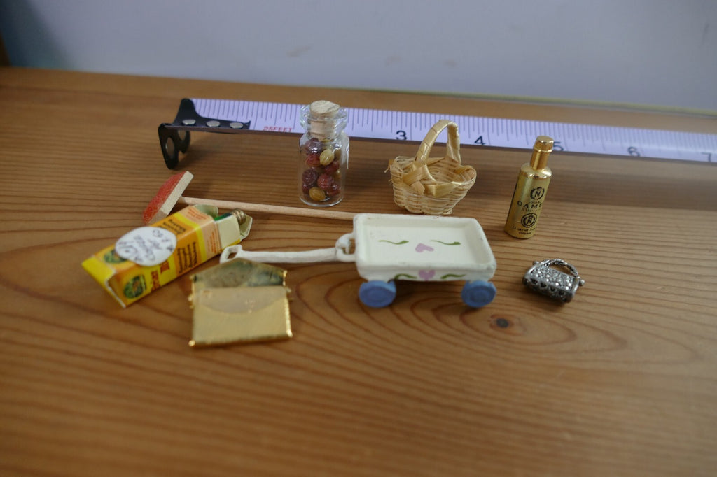 Miniature Dollhouse Accessories Set with Cart, Basket, and Bottles