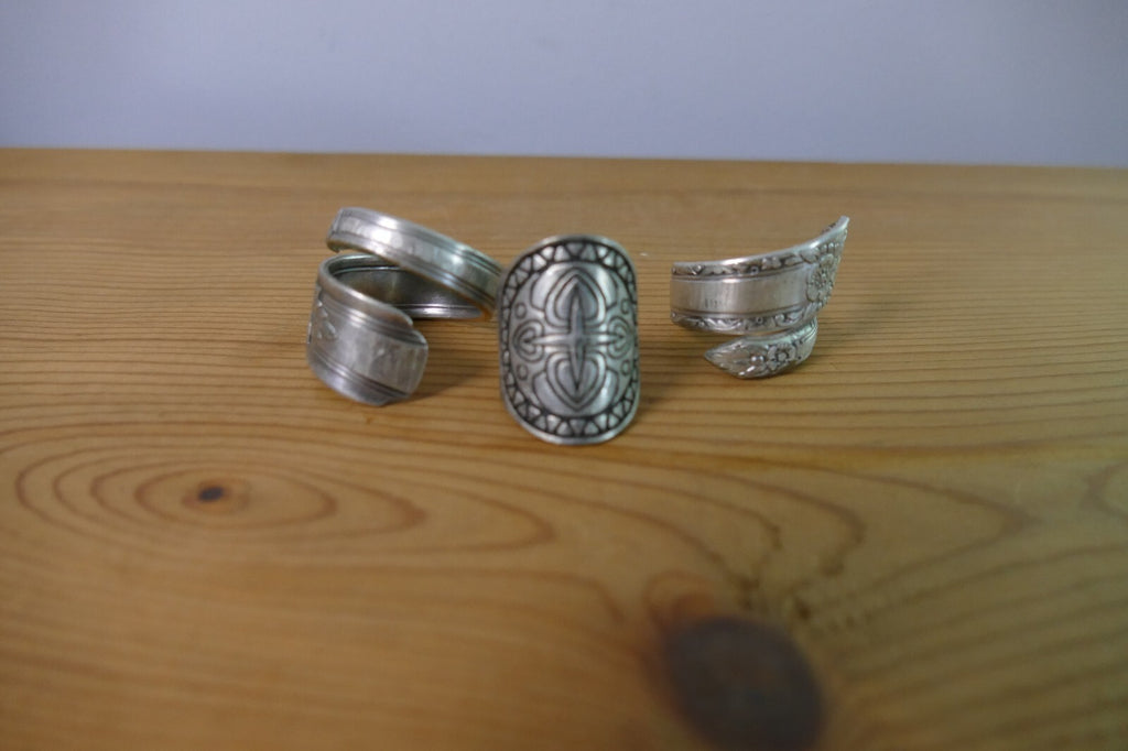 Vintage Set of Three Silver Spoon Rings with Engraved Designs