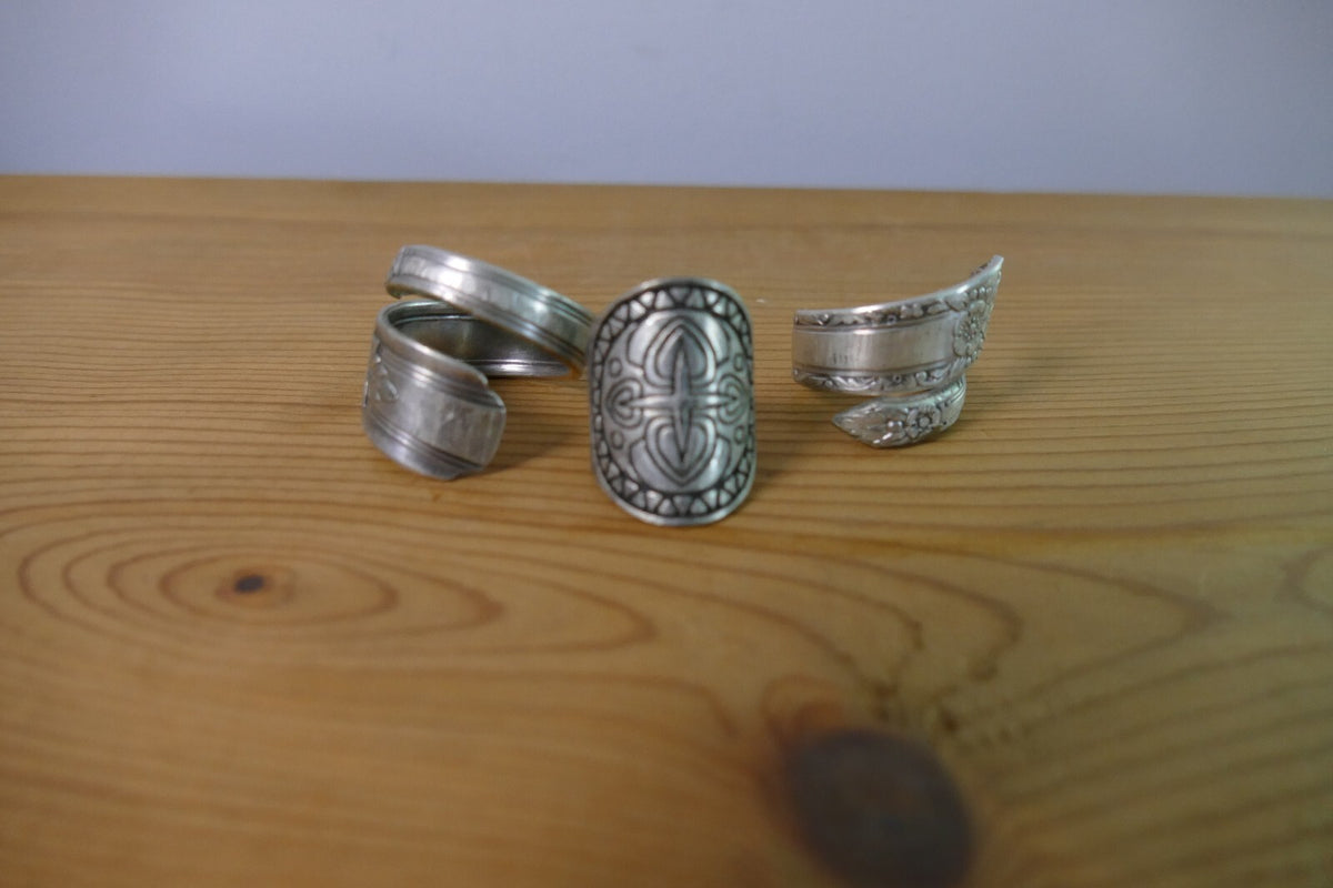 Vintage Set of Three Silver Spoon Rings with Engraved Designs
