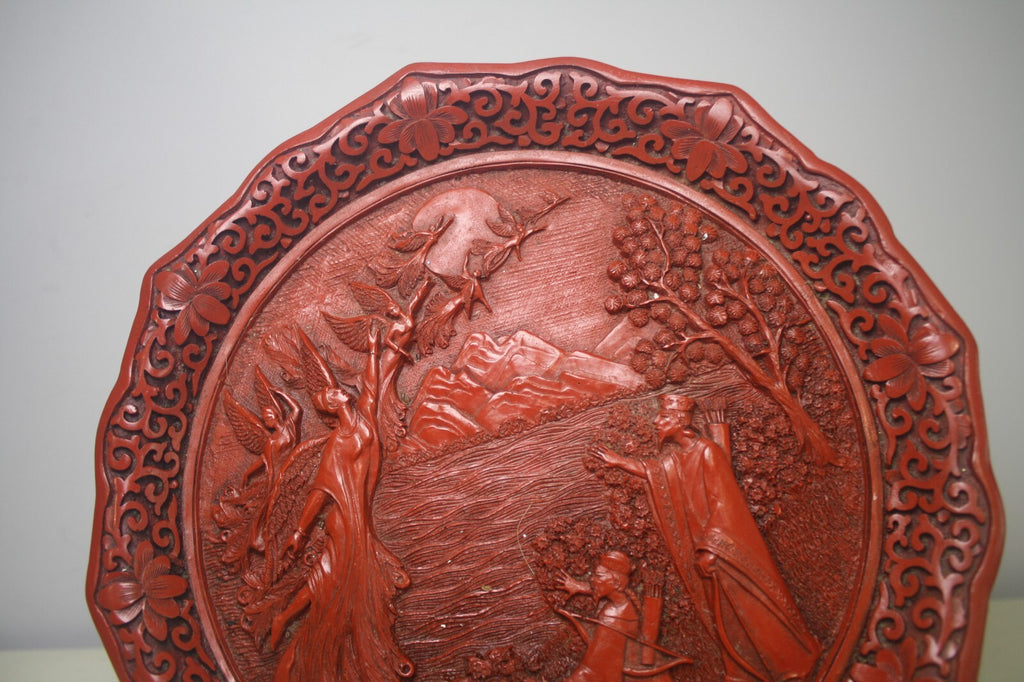 Dance of The Peacock Maiden Red Lacquerware Carved Cinnabar Plate Vintage