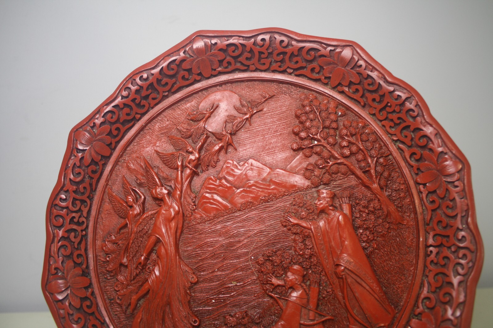 Dance of The Peacock Maiden Red Lacquerware Carved Cinnabar Plate Vintage