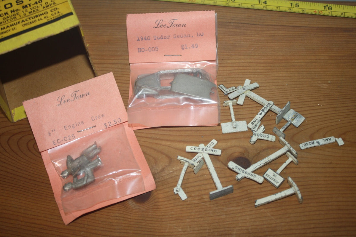 Vintage Lee Town HO Scale Model Railroad Accessories and 1940 Tudor Sedan Kit