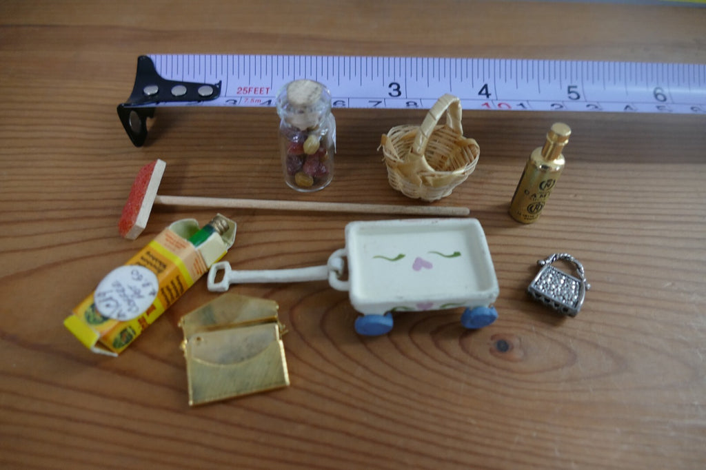 Miniature Dollhouse Accessories Set with Cart, Basket, and Bottles