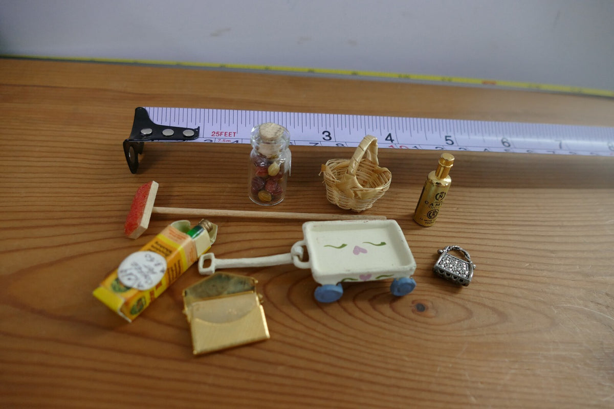Miniature Dollhouse Accessories Set with Cart, Basket, and Bottles