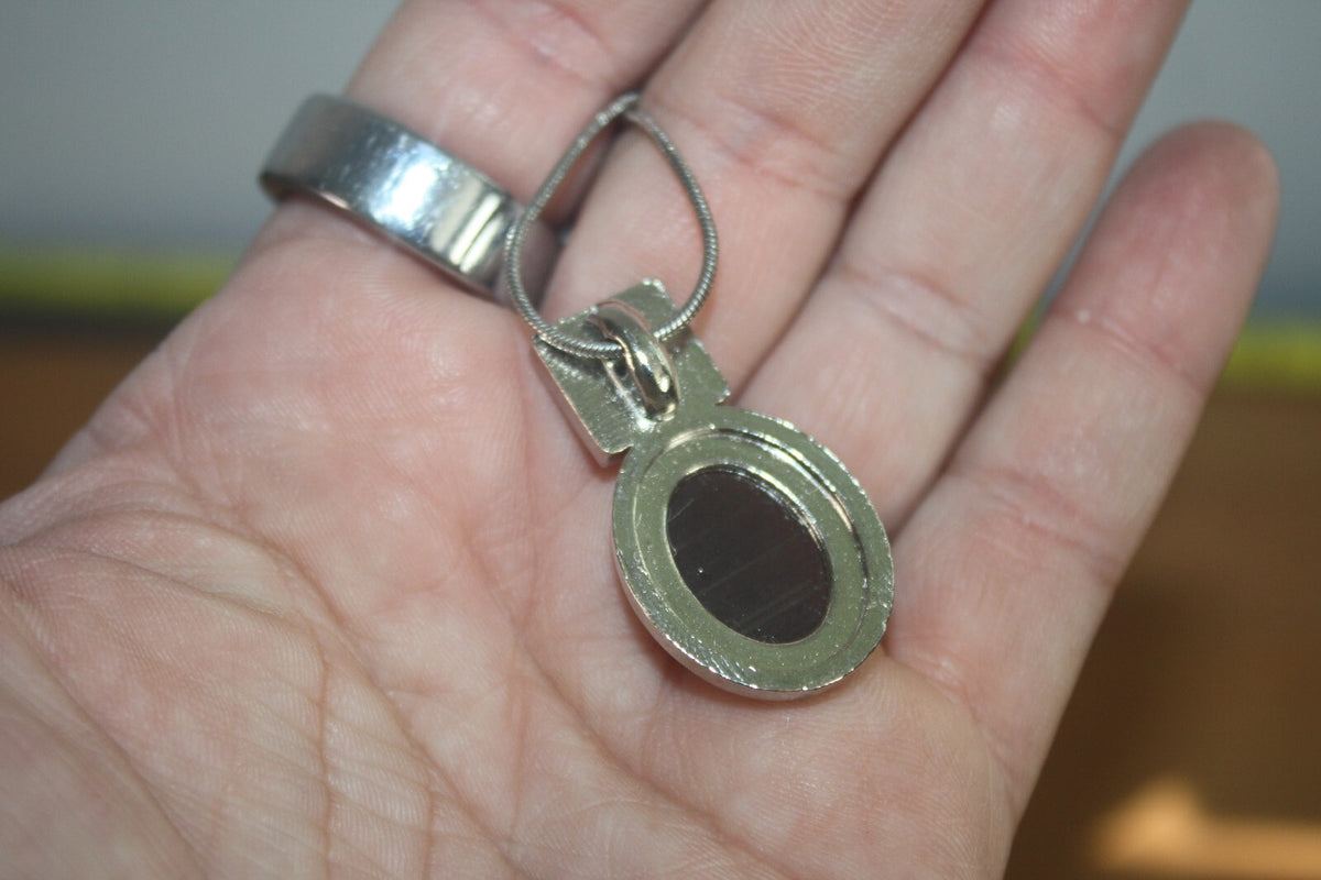 Vintage Silver Tone Pendant Necklace with Brown Oval Stone