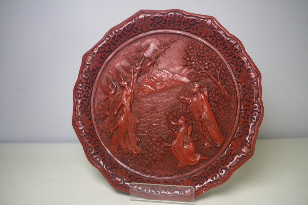 Dance of The Peacock Maiden Red Lacquerware Carved Cinnabar Plate Vintage