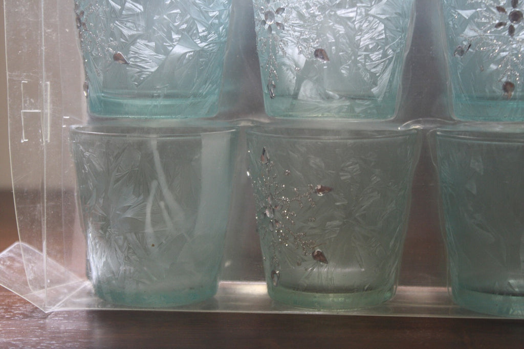 Set of 6 Frosted Glass Votive Candle Holders with Silver Accents