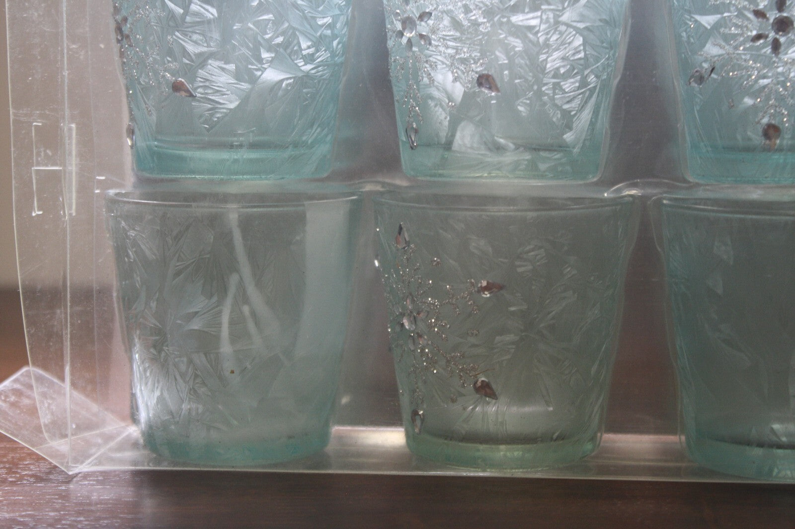 Set of 6 Frosted Glass Votive Candle Holders with Silver Accents