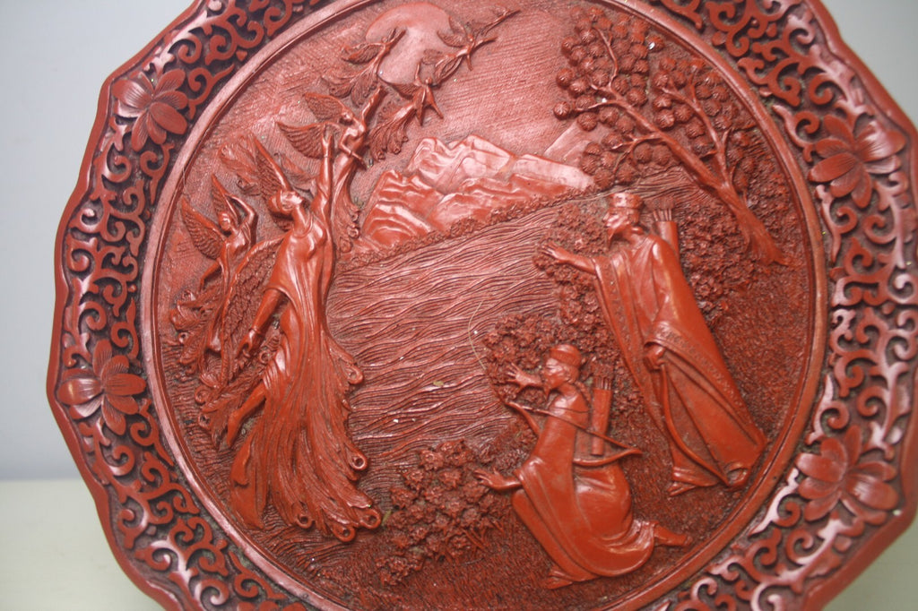 Dance of The Peacock Maiden Red Lacquerware Carved Cinnabar Plate Vintage