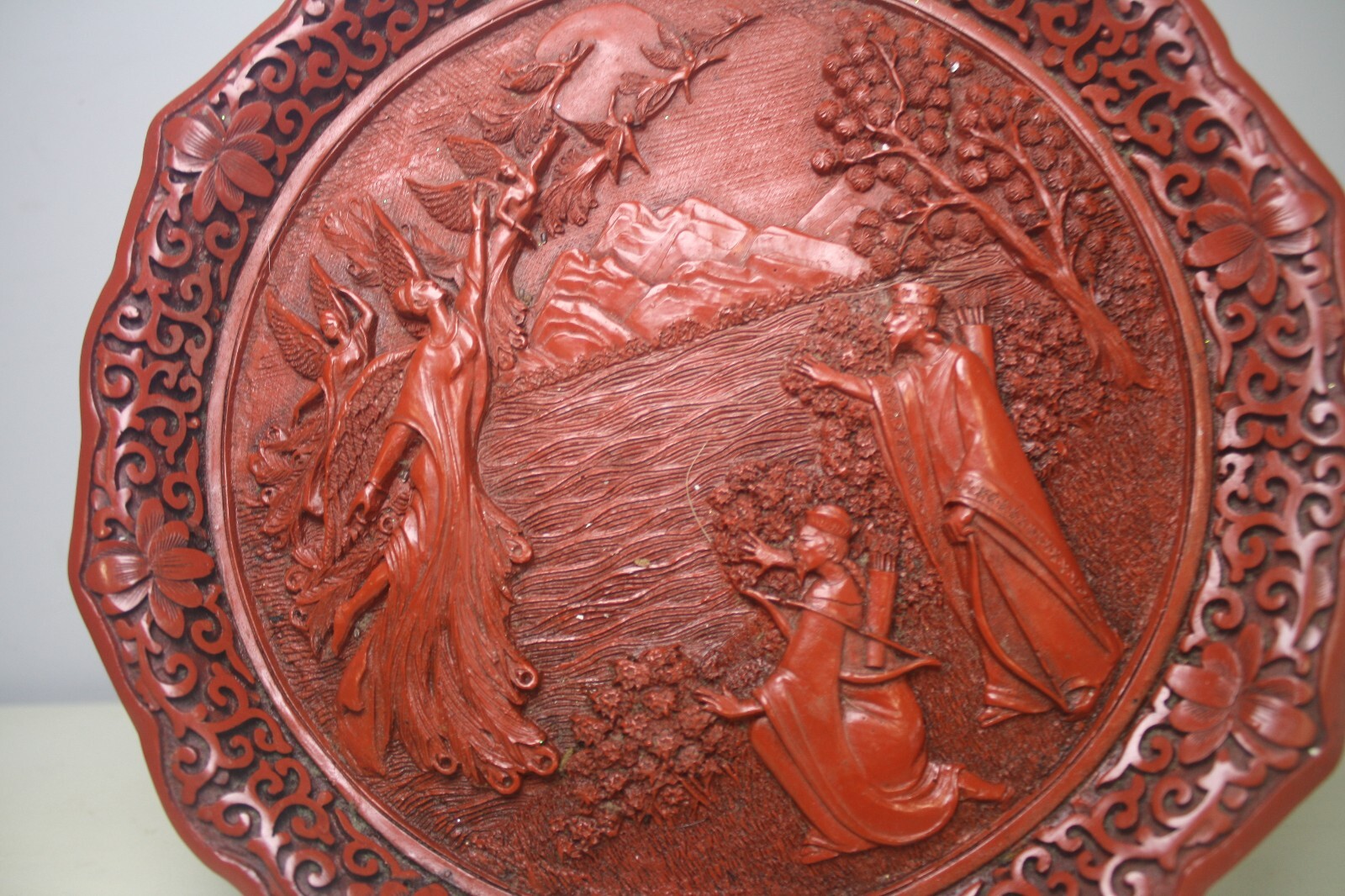 Dance of The Peacock Maiden Red Lacquerware Carved Cinnabar Plate Vintage