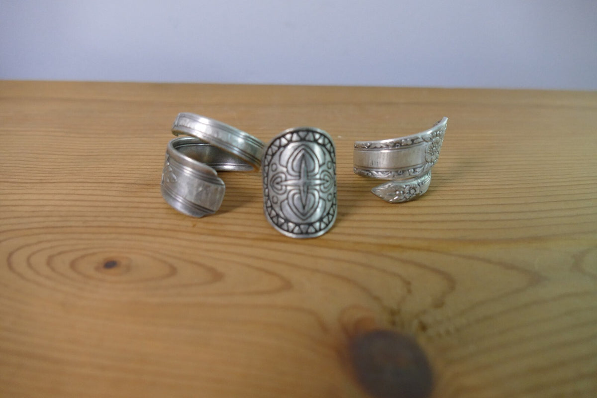 Vintage Set of Three Silver Spoon Rings with Engraved Designs