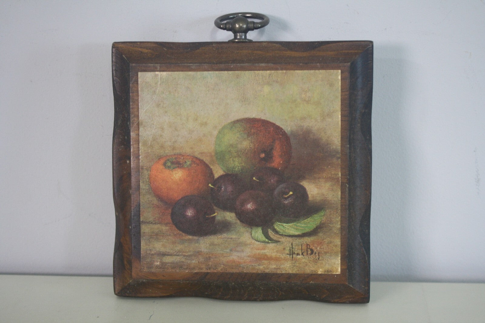 Vintage Still Life Wood Plaque with Metal Hanger