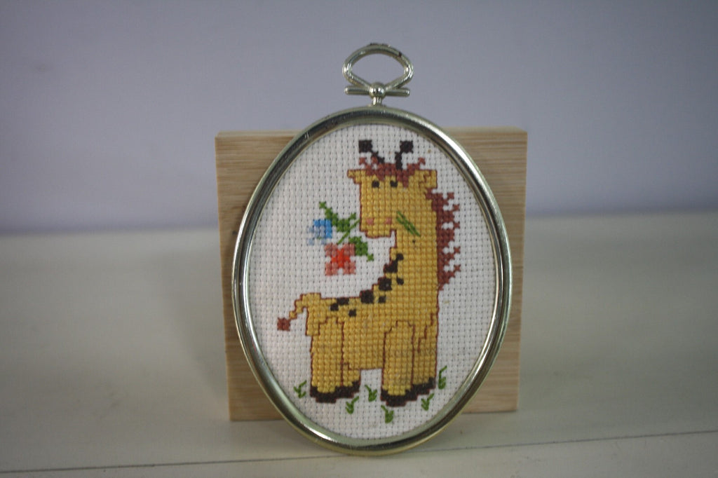 Handmade Cross Stitch Giraffe in Oval Silver Frame