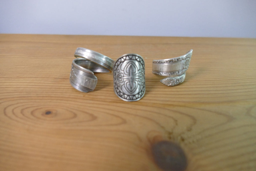 Vintage Set of Three Silver Spoon Rings with Engraved Designs