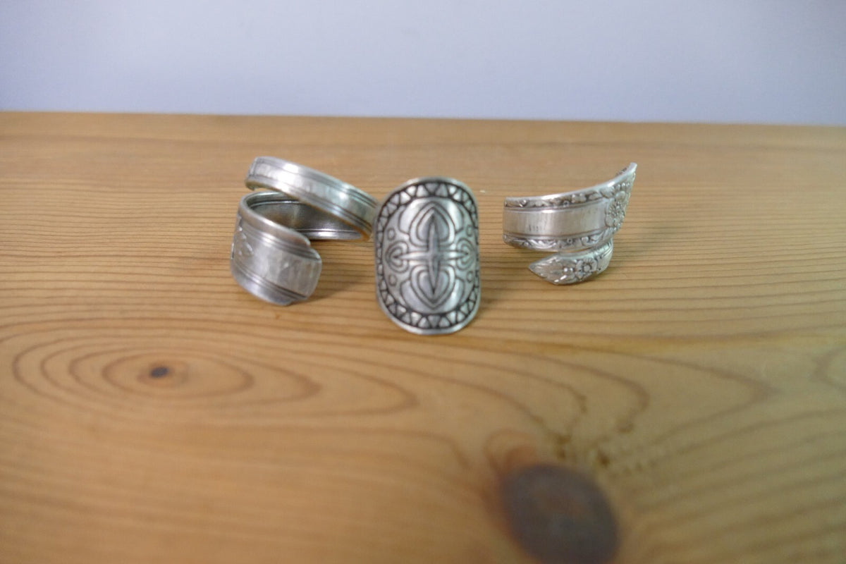 Vintage Set of Three Silver Spoon Rings with Engraved Designs
