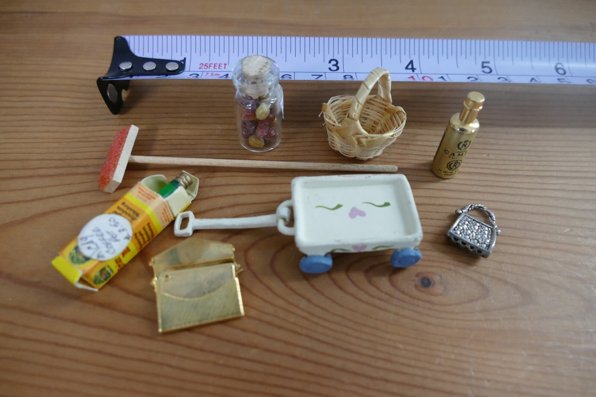Miniature Dollhouse Accessories Set with Cart, Basket, and Bottles