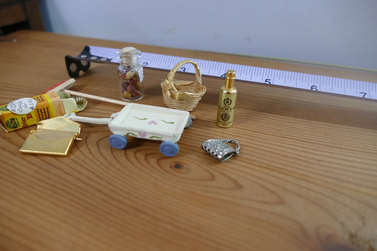 Miniature Dollhouse Accessories Set with Cart, Basket, and Bottles