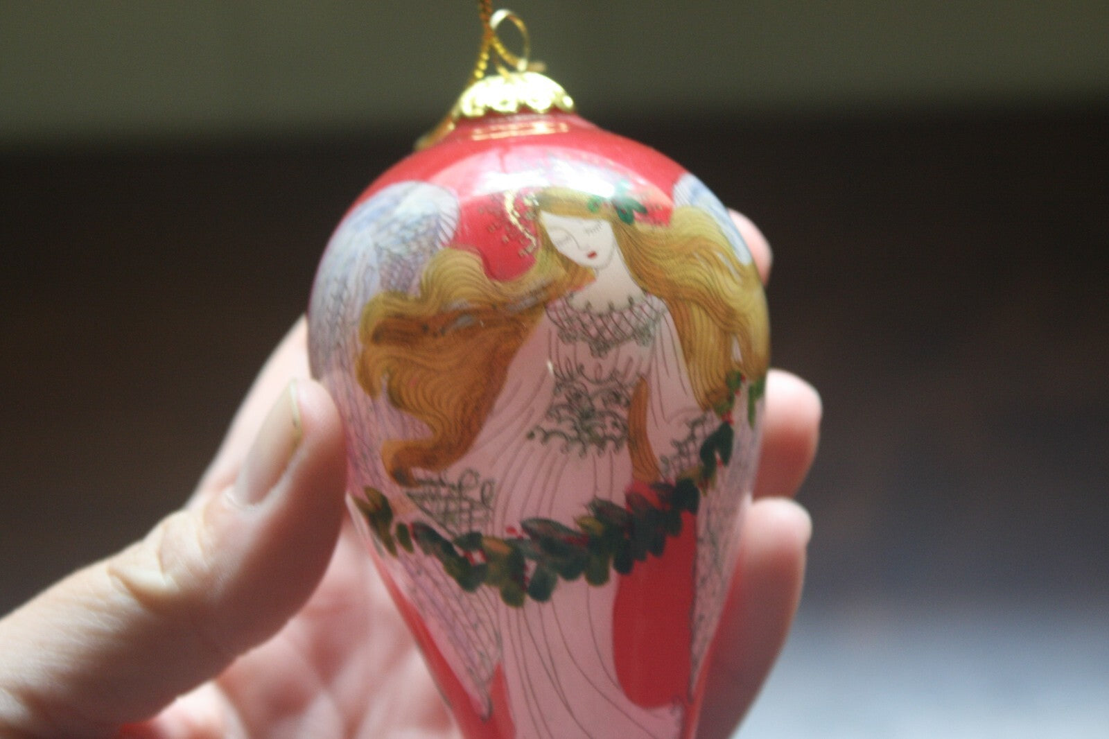 Hand-Painted Glass Christmas Ornament Angel with Velvet Box