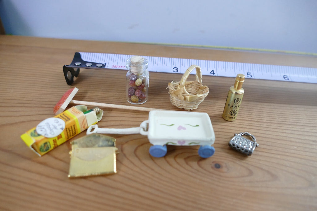Miniature Dollhouse Accessories Set with Cart, Basket, and Bottles
