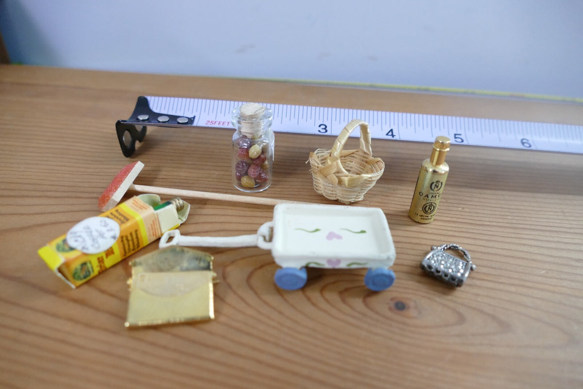Miniature Dollhouse Accessories Set with Cart, Basket, and Bottles