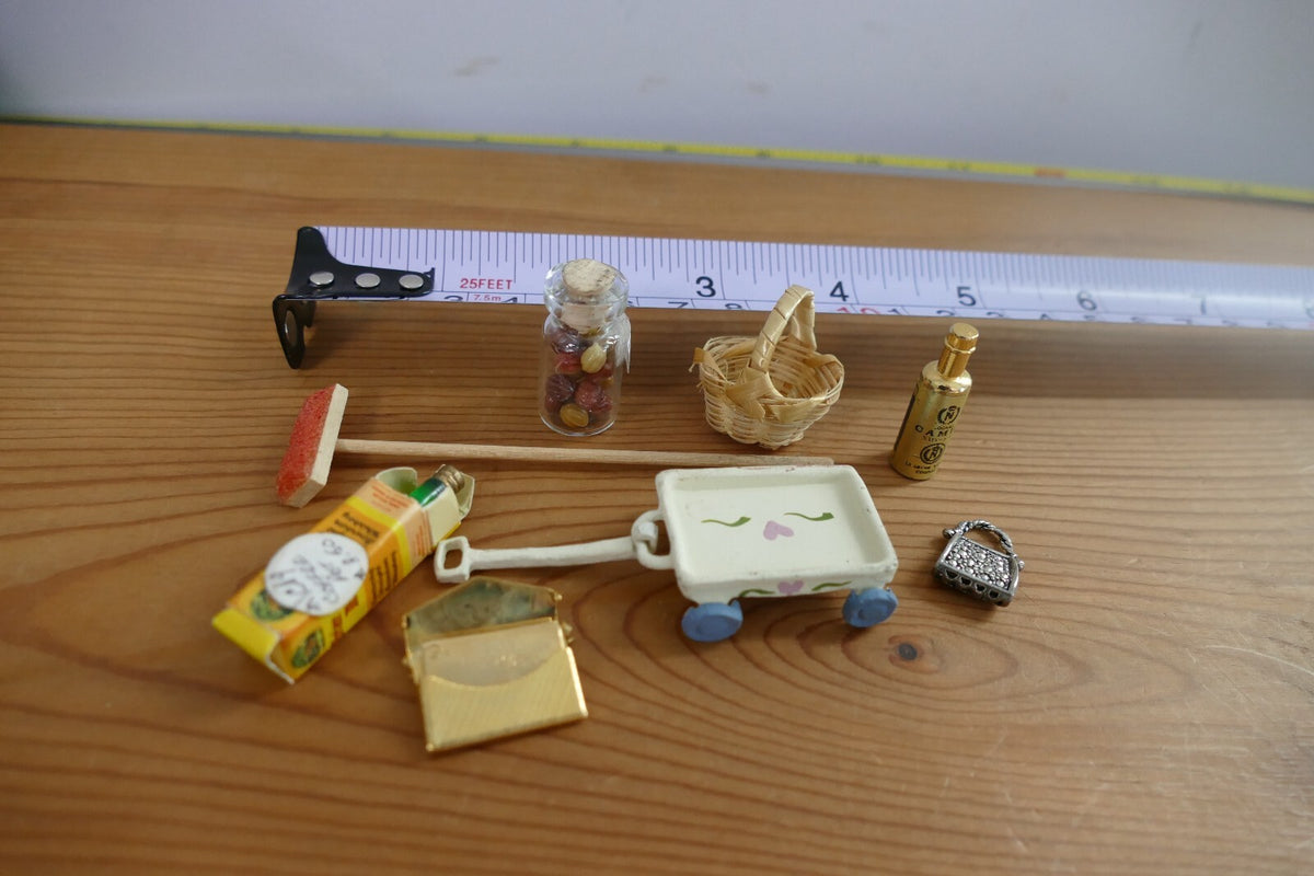 Miniature Dollhouse Accessories Set with Cart, Basket, and Bottles