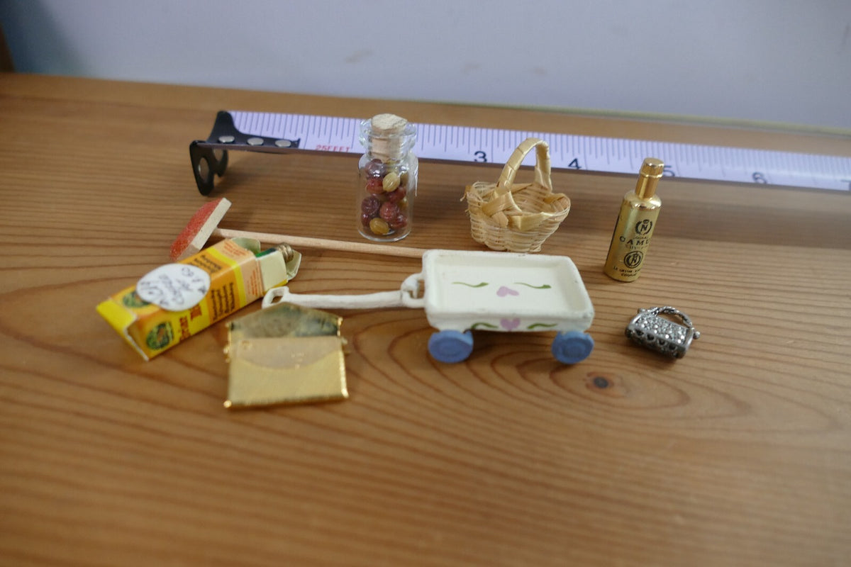 Miniature Dollhouse Accessories Set with Cart, Basket, and Bottles