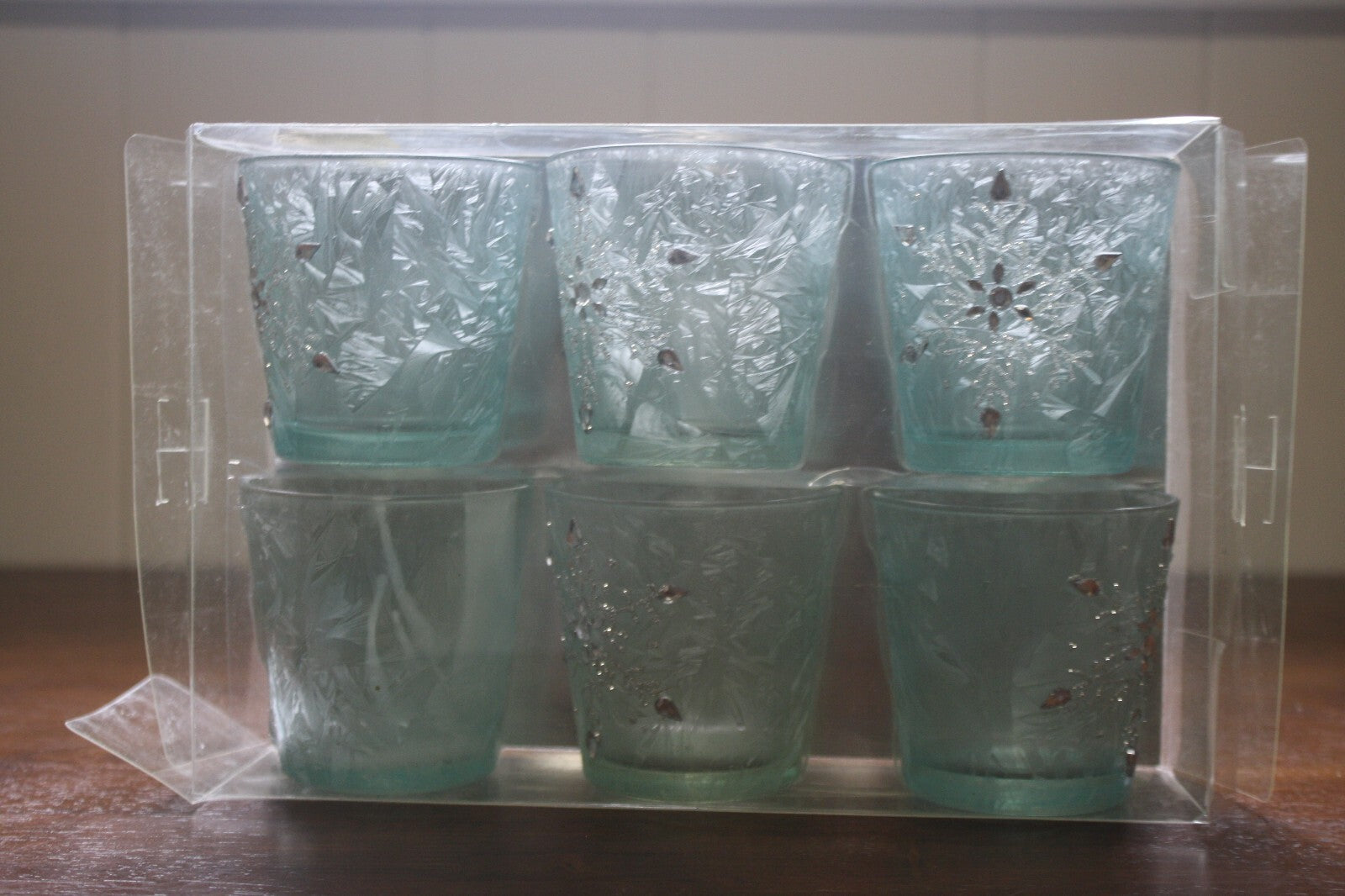 Set of 6 Frosted Glass Votive Candle Holders with Silver Accents
