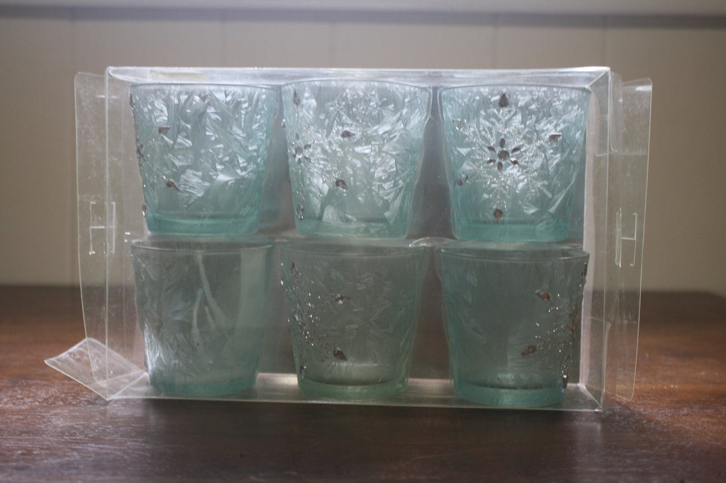 Set of 6 Frosted Glass Votive Candle Holders with Silver Accents