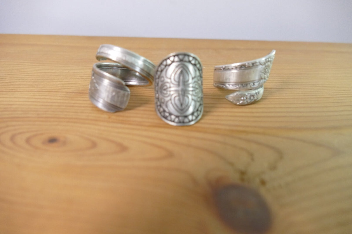 Vintage Set of Three Silver Spoon Rings with Engraved Designs