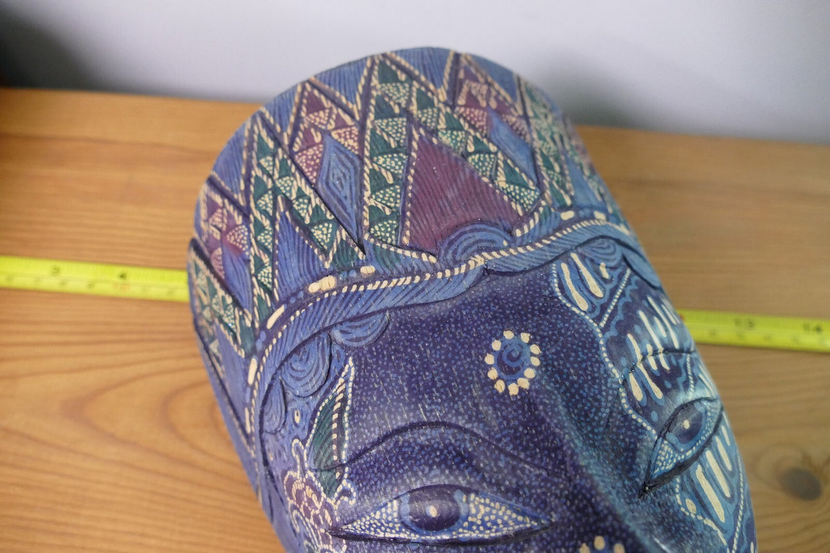 Handcrafted Blue Decorative Tribal Mask with Intricate Patterns