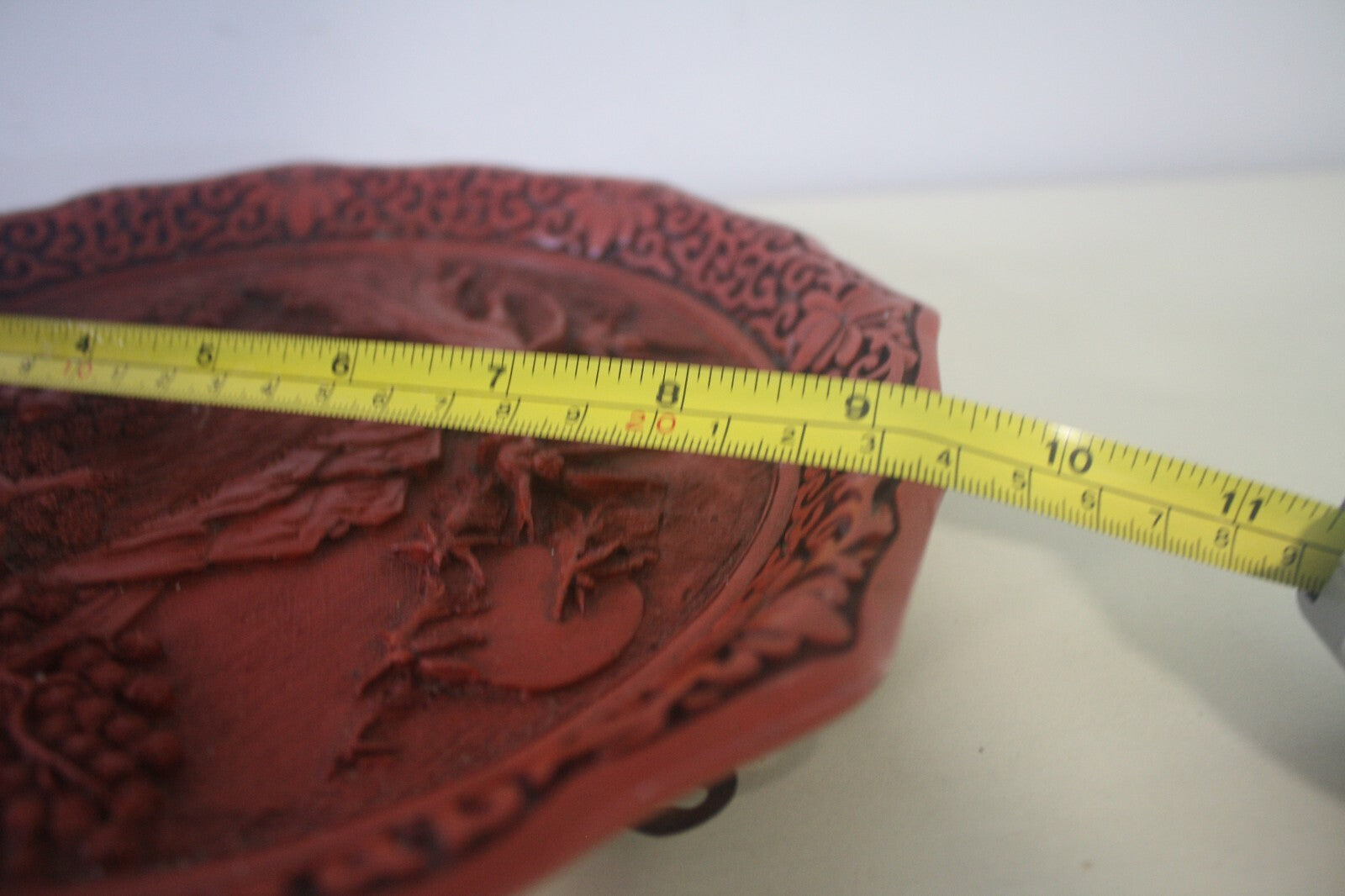 Dance of The Peacock Maiden Red Lacquerware Carved Cinnabar Plate Vintage