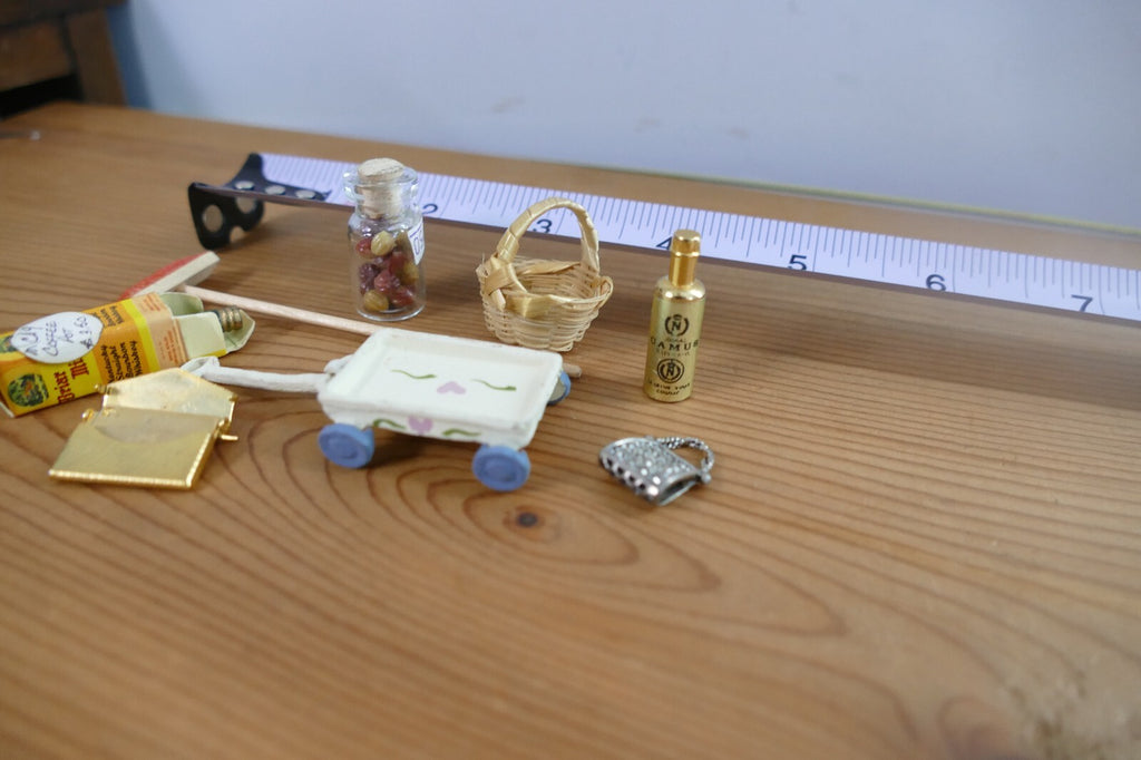 Miniature Dollhouse Accessories Set with Cart, Basket, and Bottles