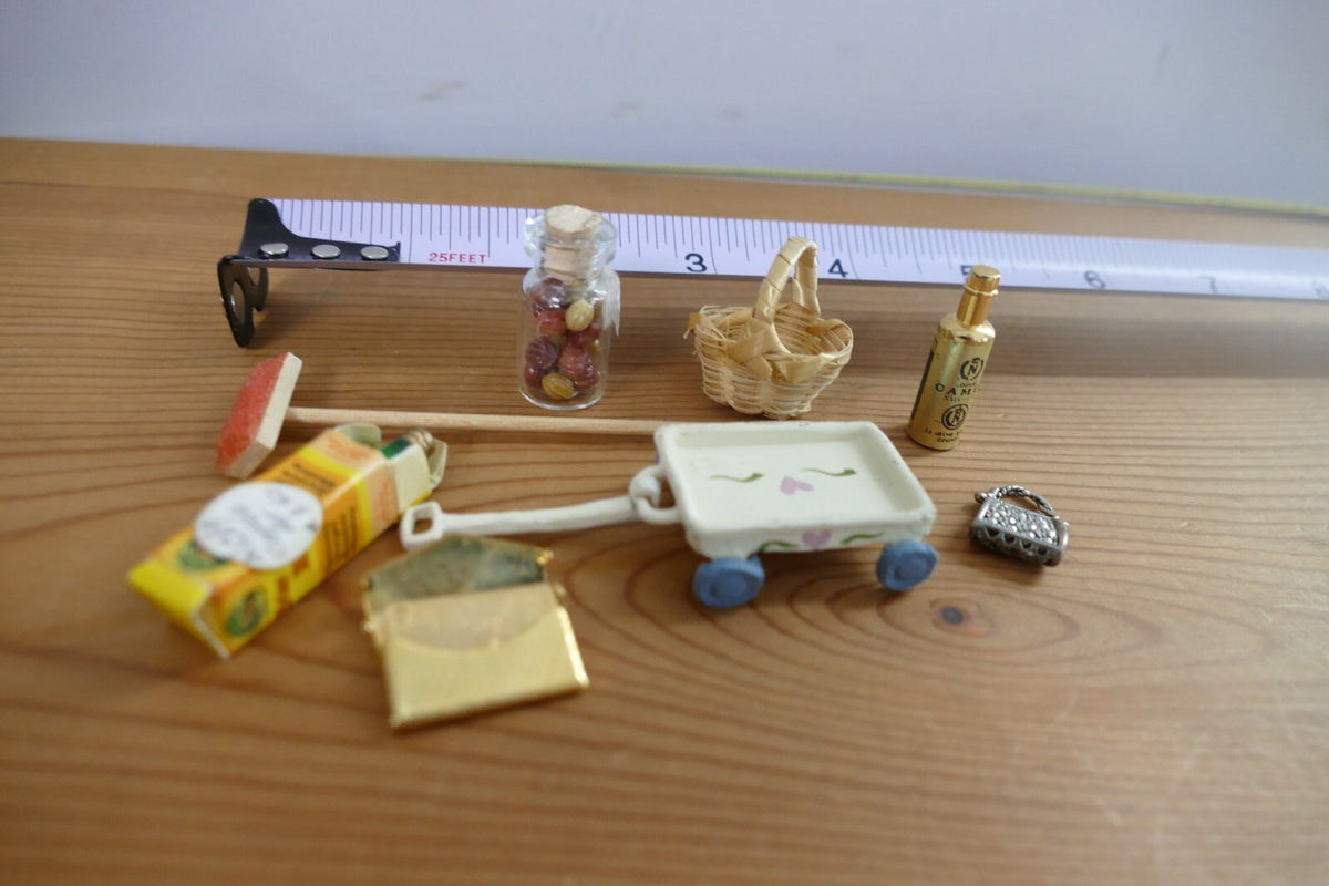 Miniature Dollhouse Accessories Set with Cart, Basket, and Bottles