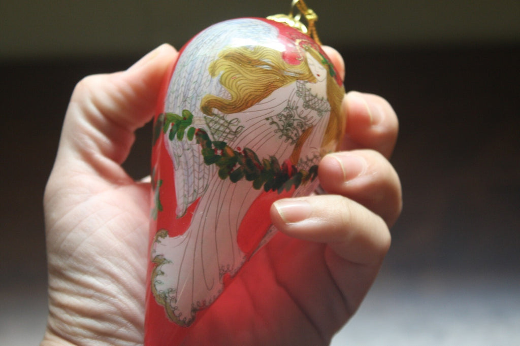 Hand-Painted Glass Christmas Ornament Angel with Velvet Box