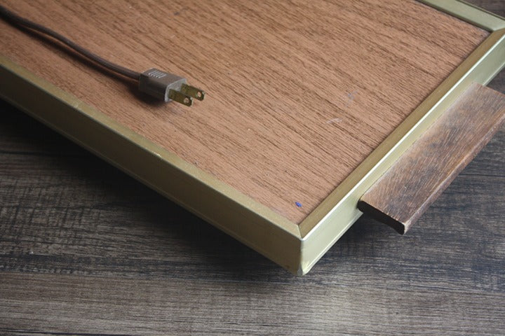 Vintage Cornwall Electric Tray with a faux walnut wood grain surface
